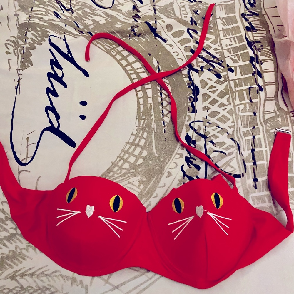 2/$25 Rare Kitty Cat Shaped Ears Bikini Bra Top Red SM Medium / Large XL Junior - Picture 1 of 7